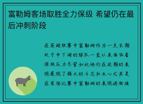 富勒姆客场取胜全力保级 希望仍在最后冲刺阶段