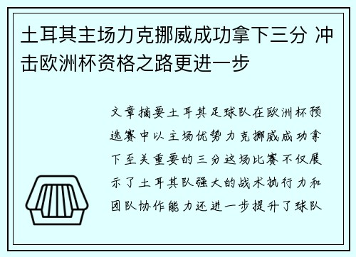 土耳其主场力克挪威成功拿下三分 冲击欧洲杯资格之路更进一步