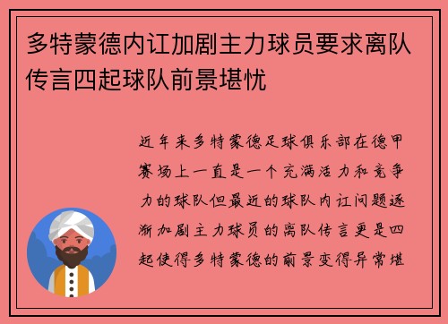 多特蒙德内讧加剧主力球员要求离队传言四起球队前景堪忧