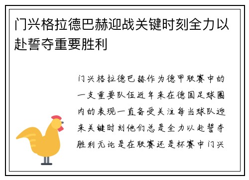 门兴格拉德巴赫迎战关键时刻全力以赴誓夺重要胜利